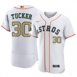 Men Houston Astros 30 Kyle Tucker White 2023 Gold Collection With World Serise Champions Patch Stitched Baseball Jersey