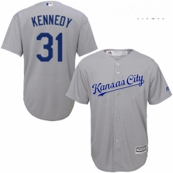 Mens Majestic Kansas City Royals 31 Ian Kennedy Replica Grey Road Cool Base MLB Jersey