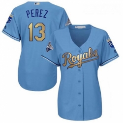 Womens Majestic Kansas City Royals 13 Salvador Perez Authentic Light Blue 2015 World Series Champions Gold Program Cool Base MLB Jersey