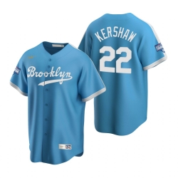 Men Brooklyn Los Angeles Dodgers 22 Clayton Kershaw Light Blue 2020 World Series Champions Cooperstown Collection Jersey