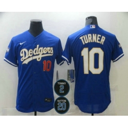 Men Los Angeles Dodgers 10 Justin Turner Blue Gold 2 20 Patch Stitched MLB Flex Base Nike Jersey