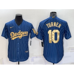 Men Los Angeles Dodgers 10 Justin Turner Navy Gold Cool Base Stitched Baseball Jersey