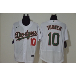 Men Los Angeles Dodgers 10 Justin Turner White With Green Name Stitched MLB Flex Base Nike Jersey