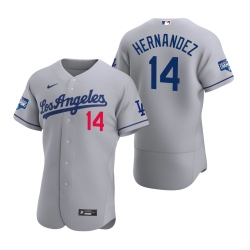 Men Los Angeles Dodgers 14 Enrique Hernandez Gray 2020 World Series Champions Road Flex Base Jersey