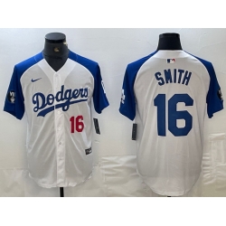 Men Los Angeles Dodgers 16 Will Smith White Blue Vin Patch Cool Base Stitched Baseball Jersey 15