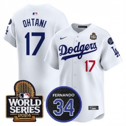 Men Los Angeles Dodgers 17 Shohei Ohtani White 2024 World Series With Fernando Memorial Patch Limited Stitched Baseball Jersey