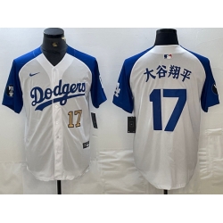 Men Los Angeles Dodgers 17 Shohei Ohtani White Blue Vin Patch Cool Base Stitched Baseball Jersey 4