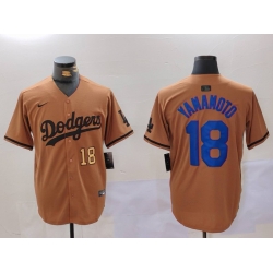 Men Los Angeles Dodgers 18 Yoshinobu Yamamoto Brown Cool Base Stitched Baseball Jersey  1