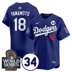 Men Los Angeles Dodgers 18 Yoshinobu Yamamoto Royal 2024 World Series With No  34 Patch Limited Stitched Baseball Jersey