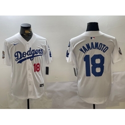 Men Los Angeles Dodgers 18 Yoshinobu Yamamoto White 2024 World Series With Fernando Memorial Patch Home Limited Stitched Baseball Jersey 3