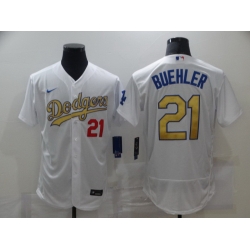 Men Los Angeles Dodgers 21 Walker Buehler 2020 White Gold Sttiched Nike MLB Jersey