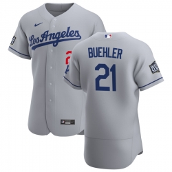 Men Los Angeles Dodgers 21 Walker Buehler Men Nike Gray Road 2020 World Series Bound Flex Base Team MLB Jersey