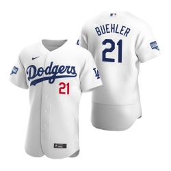 Men Los Angeles Dodgers 21 Walker Buehler White 2020 World Series Champions Flex Base Jersey