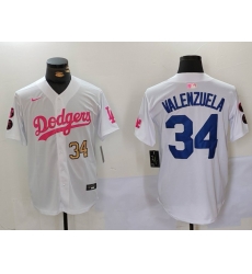 Men Los Angeles Dodgers 34 Fernando Valenzuela White Pink Vin  26 Kobe Patch Stitched Baseball Jersey 2