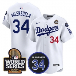 Men Los Angeles Dodgers 34 Toro Valenzuela White 2024 World Series With Fernando Memorial Patch Limited Stitched Baseball Jersey