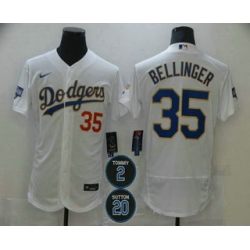 Men Los Angeles Dodgers 35 Cody Bellinger White Gold 2 20 Patch Stitched MLB Flex Base Nike Jersey