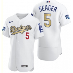 Men Los Angeles Dodgers 5 Corey Seager White Gold Nike 2020 World Series Champions Flexbase Jersey