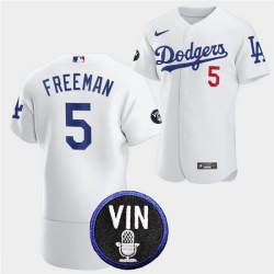 Men Los Angeles Dodgers 5 Freddie Freeman 2022 White Vin Scully Patch Flex Base Stitched Baseball Jersey