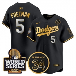 Men Los Angeles Dodgers 5 Freddie Freeman Black Gold 2024 World Series With Fernando Memorial Patch Limited Stitched Baseball Jersey