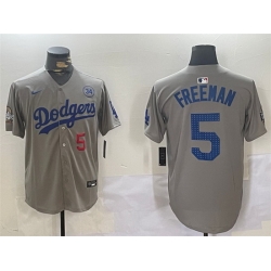 Men Los Angeles Dodgers 5 Freddie Freeman Grey 2024 World Series With No  34 Patch Limited Stitched Baseball Jersey