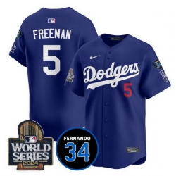 Men Los Angeles Dodgers 5 Freddie Freeman Royal 2024 World Series With Fernando Memorial Patch Limited Stitched Baseball Jersey