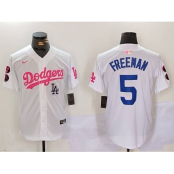 Men Los Angeles Dodgers 5 Freddie Freeman White Pink Vin  26 Kobe Patch Stitched Baseball Jersey 1