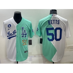 Men Los Angeles Dodgers 50 Mookie Betts 2022 All Star White  Green Cool Base Stitched Baseball Jersey