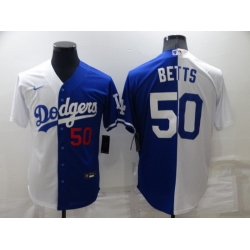 Men Los Angeles Dodgers 50 Mookie Betts White Blue Split Cool Base Stitched Baseball Jerseys