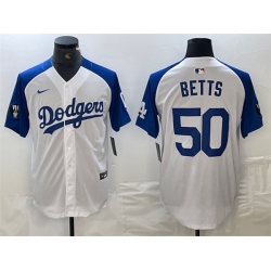 Men Los Angeles Dodgers 50 Mookie Betts White Blue Vin Patch Cool Base Stitched Baseball Jersey