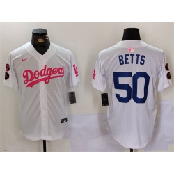 Men Los Angeles Dodgers 50 Mookie Betts White Pink Vin  26 Kobe Patch Stitched Baseball Jersey