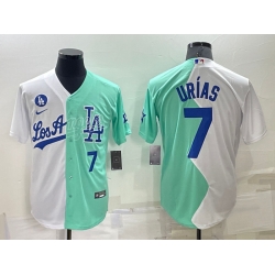 Men Los Angeles Dodgers 7 Julio Urias 2022 All Star White Green Cool Base Stitched Baseball Jersey 2