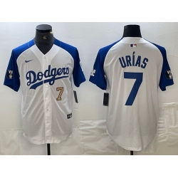 Men Los Angeles Dodgers 7 Julio Urias White Blue Vin Patch Cool Base Stitched Baseball Jersey 4