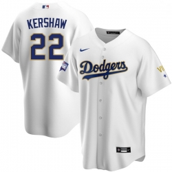 Men Los Angeles Dodgers Clayton Kershaw 22 Championship Gold Trim White Limited All Stitched Cool Base Jersey