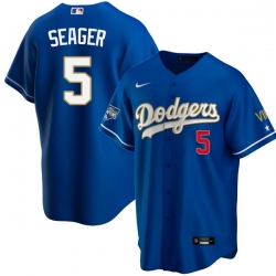 Men Los Angeles Dodgers Corey Seager 5 Championship Gold Trim Blue Limited All Stitched Flex Base Jersey