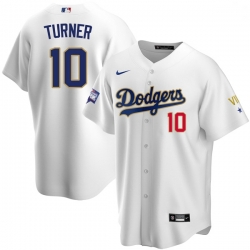 Men Los Angeles Dodgers Justin Turner 10 Championship Gold Trim White Limited All Stitched Flex Base Jersey