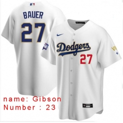 Men Los Angeles Dodgers Kirk Gibson 23 Championship Gold Trim White Limited All Stitched Flex Base Jersey