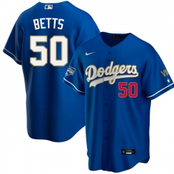 Men Los Angeles Dodgers Mookie Betts 50 Championship Gold Trim Blue Limited All Stitched Flex Base Jersey