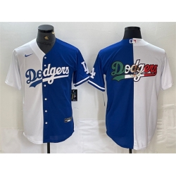 Men Los Angeles Dodgers Team Big Logo White Blue Split Cool Base Stitched Baseball Jersey 1