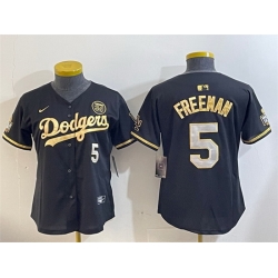 Women Los Angeles Dodgers 5 Freddie Freeman Black 1 Gold 2024 World Series With Fernando Memorial Patch Limited Stitched Baseball Jersey 