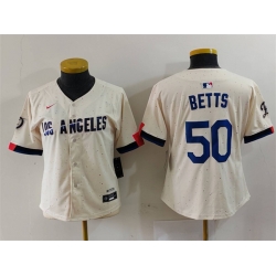 Women Los Angeles Dodgers 50 Mookie Betts Cream Stitched Jersey