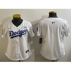 Women Los Angeles Dodgers Blank White 2024 World Series With No  34 Patch Home Limited Stitched Baseball Jersey 