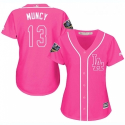 Womens Majestic Los Angeles Dodgers 13 Max Muncy Authentic Pink Fashion Cool Base 2018 World Series MLB Jersey 