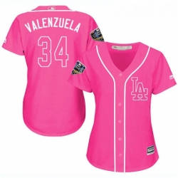 Womens Majestic Los Angeles Dodgers 34 Fernando Valenzuela Authentic Pink Fashion Cool Base 2018 World Series MLB Jersey