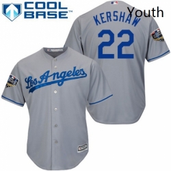 Youth Majestic Los Angeles Dodgers 22 Clayton Kershaw Authentic Grey Road Cool Base 2018 World Series MLB Jersey