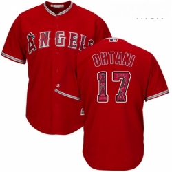 Mens Majestic Los Angeles Angels of Anaheim 17 Shohei Ohtani Authentic Red Team Logo Fashion Cool Base MLB Jersey 