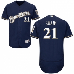 Mens Majestic Milwaukee Brewers 21 Travis Shaw Navy Blue Flexbase Authentic Collection MLB Jersey