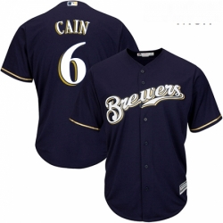 Mens Majestic Milwaukee Brewers 6 Lorenzo Cain Replica Navy Blue Alternate Cool Base MLB Jersey 