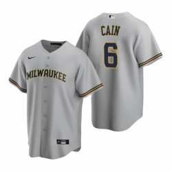 Mens Nike Milwaukee Brewers 6 Lorenzo Cain Gray Road Stitched Baseball Jersey