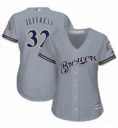 Womens Majestic Milwaukee Brewers 32 Jeremy Jeffress Authentic Grey Road Cool Base MLB Jersey 