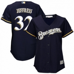 Womens Majestic Milwaukee Brewers 32 Jeremy Jeffress Replica Navy Blue Alternate Cool Base MLB Jersey 